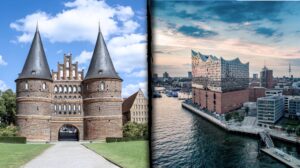 Skyline von Hamburg und Lübecker Holstentor — Vergleich zweier Immobilienstandorte für Kapitalanleger